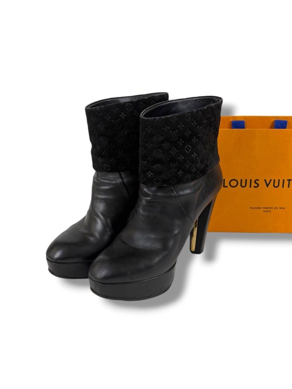 Louis Vuitton Monogram Leather Ankle Boots Lambskin Black